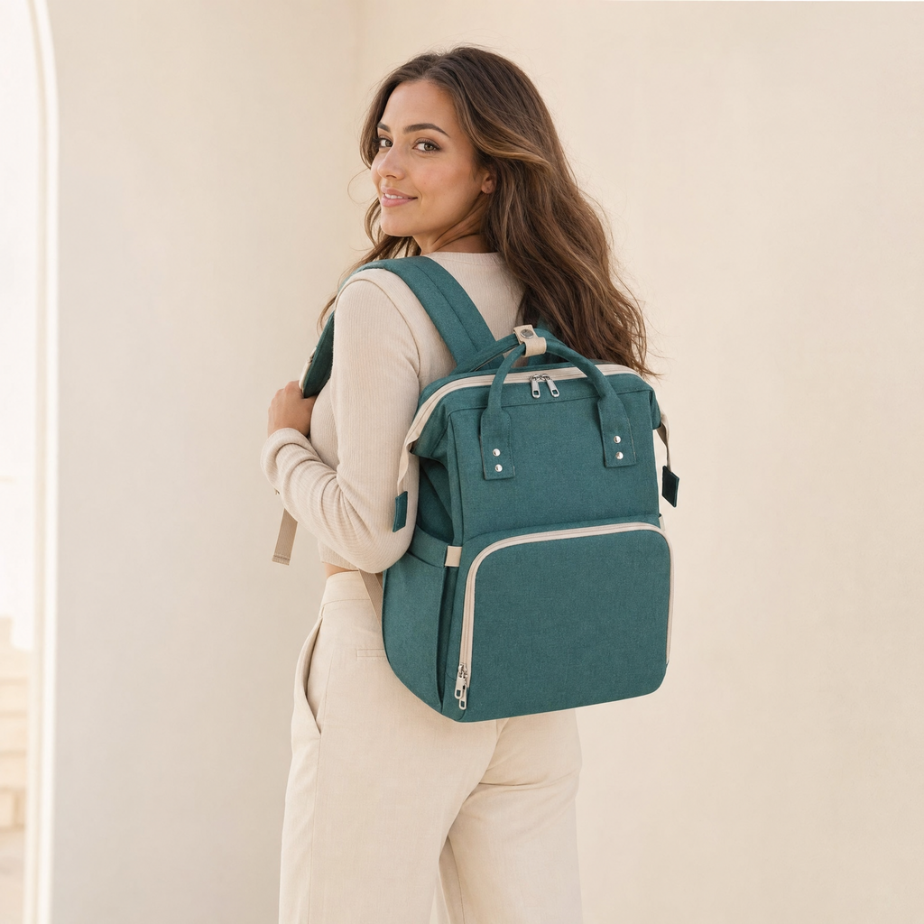 Green foldable diaper bag backpack worn by model